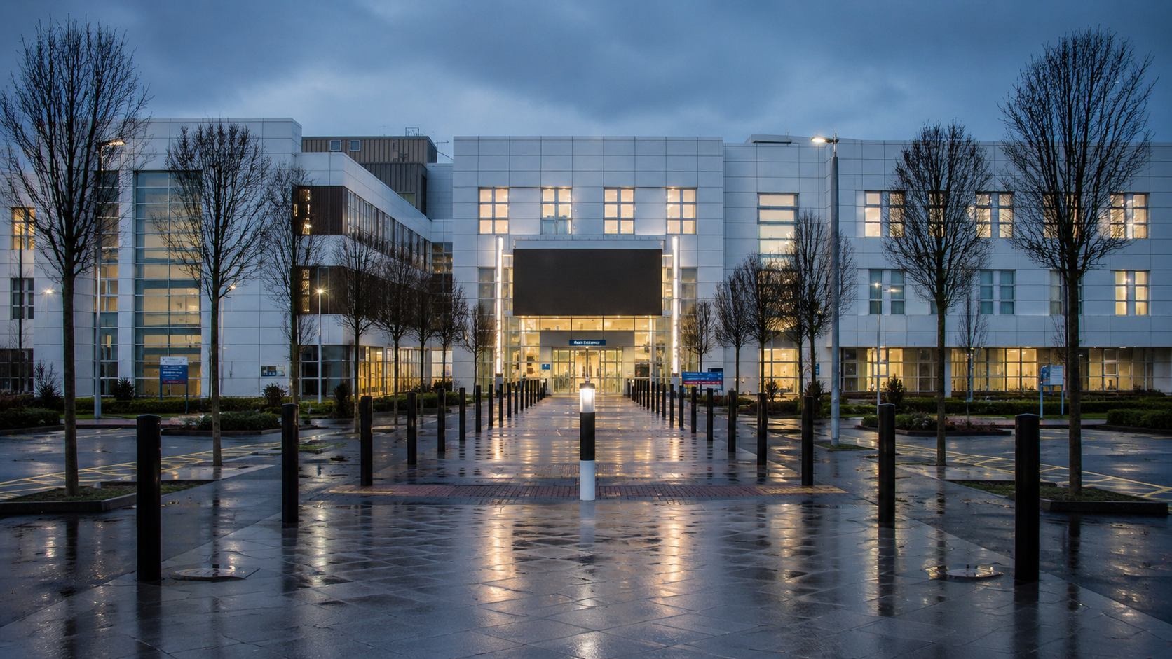 NHS Black Country hospital exterior at dusk